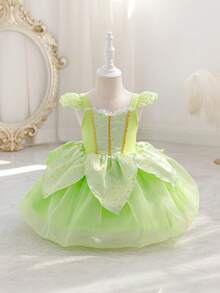 SHEIN Glamorique Kids Đầm lưới màu xanh lá cây cho bé gái, thích hợp dự tiệc, sinh nhật, đám cưới, lễ hội, trang phục trang trọng, phong cách thanh lịch, Trung Đông, Châu Âu - màu xanh lá - Xem 3