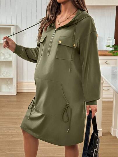 SHEIN 孕妇休闲纯色连帽中长连衣裙