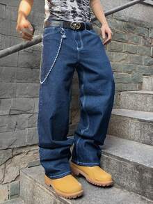 Manfinity EMRG Men's Casual Fashion Street Contrast Stitch Loose Wide-Leg Jeans, Belt And Chain Not Included Baggy Jeans Men - Medium Wash - View 3