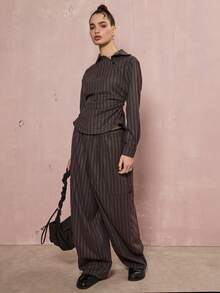 COUREZ 不对称收腰条纹衬衫，后背格纹细节 / Y2K 冬季女装外出上衣新年棕色上衣冬季上衣 - 彩色 - 查看 2