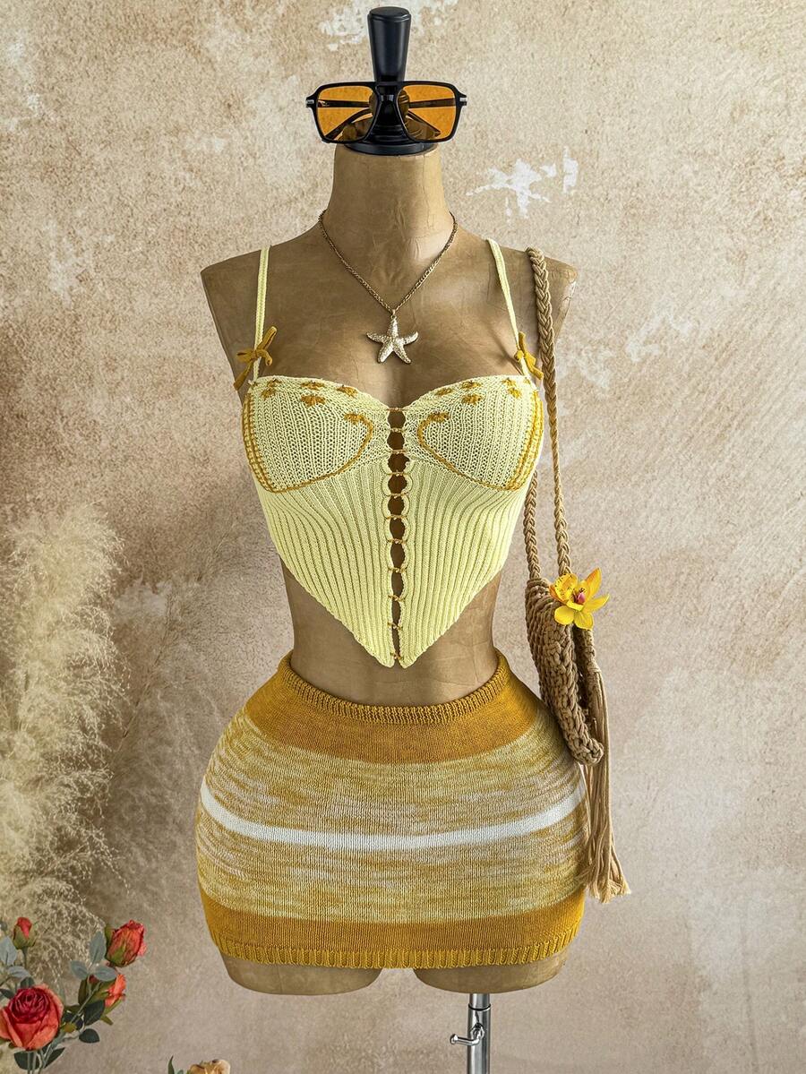 Soleia New Knitted Tie Bow Ombre Stripe Camisole & Skirt 2pcs Set For Women,Yellow,Autumn,Boho,Vacation,Holiday Sunset Color Beach Club Outfit Summer Brunch - Multicolor - View 1