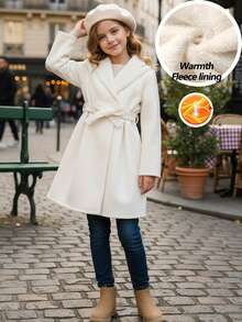 SHEIN Tween Girl Casual Elegant Beige Faux Fur Collar Belted Bowknot Ruffle Hem Patchwork A-Line Mid-Length Overcoat, Warm Lined, Long Sleeve, Autumn/Winter Teens Jacket Girls Fleece Jacket Girls Coats Tween Dress Coat Elegant Fleece Jacket Coat For Girls - White - View 2