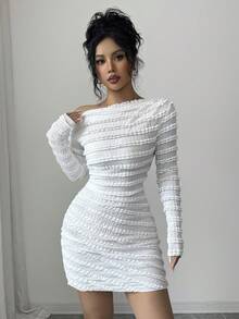 Elenzga 休闲秋季荷叶边纹理面料不对称肩部褶裥长袖短款优雅连衣裙 - 白色 - 查看 4