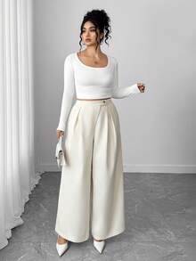 Elenzga Women's Fashionable & Elegant Oblique Placket Design Wide Leg Pants