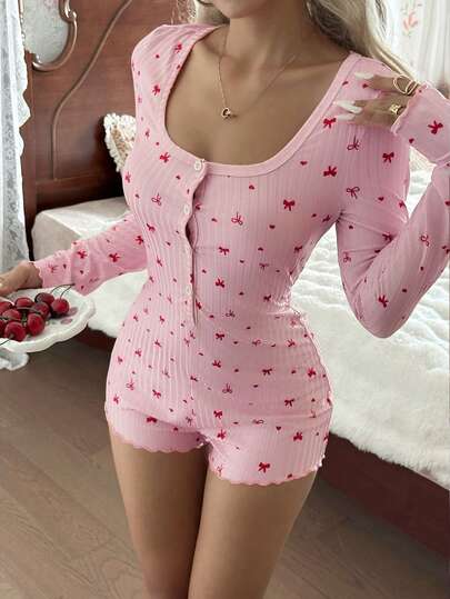 CottageSlumber Women's Half-Zip Bow & Heart Print Cute Ribbed Knit Romper, Casual & Comfortable Long Sleeve, Winter