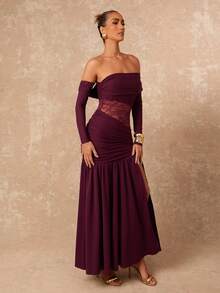 Lumalex Women's Burgundy Autumn Elegant Dining Dress,Asymmetrical Open Shoulder Long Sleeve Lace Patchwork Ruched Bodycon High Slit Formal Prom Party Gown - Burgundy - View 7