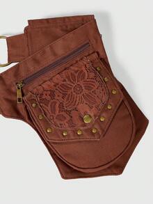 ROMWE Hippie 復古蒸汽龐克蕾絲刺繡腰包－棕色復古腰包，哥特龐克風女士腰包，度假派對服飾配件 - 復古棕 - 查看 7