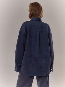 MUSERA Suede Drop Shoulder Seam Detail Popper Through Shirt Everyday Cosy Going Out Fall Autumn Winter Blue Elegant
