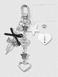 ROMWE Kawaii 1pc Y2K Stylish Minimalist Versatile High-Quality Silver Chain Star Butterfly Rhinestone Woven Bow CCB Hollow Heart Decor DIY Keychain, Bag Charm, Phone Charm, Cup Charm, Earphone Charm, Comes With Phone Holder & Heart Sticker, Suitable For Women, Girls, Daily Wear, Holiday Gift