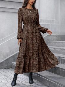 SHEIN LUNE فستان طويل أنيق للنساء بطبعة نمر على الياقة والأكمام الواسعة والذيل المتدرج، بتصميم خط A، مناسب للاستخدام اليومي والعمل، للخريف والشتاء