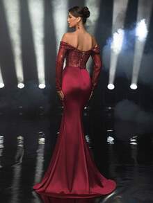Glamrae Đầm đuôi cá tay dài cổ bất đối xứng thêu kim sa đỏ sang trọng thanh lịch, đính kim sa thủ công, có viền bèo nhún, dành cho nữ, váy dạ hội trang trọng - Đỏ - Xem 4