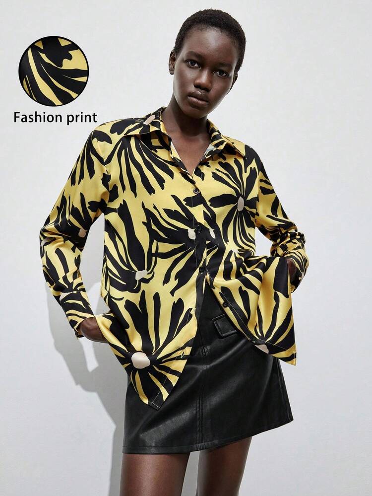 SHEIN Maija Women's Fashion Floral Print Satin Blouse, Suitable For Commuting, Winter, Autumn, Halloween Costumes, Christmas Party, New Year, Thanksgiving