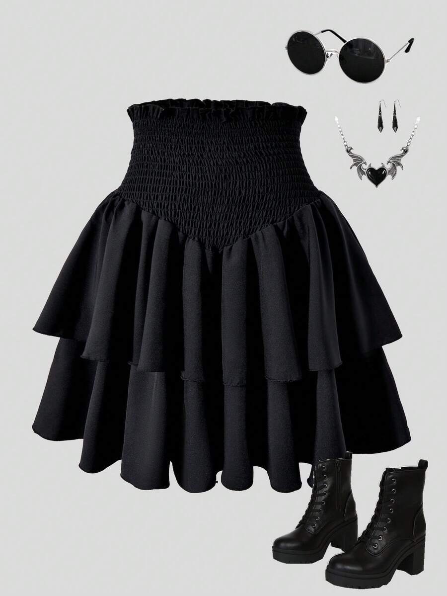 SHEIN Teens' Ruffle Hem Layered Peplum Skirt - Black - View 1