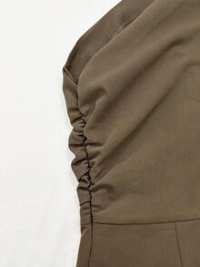 Cévolie 女士纯色翻领长袖外套和褶裥无袖连体裤优雅两件套，秋季 - 棕色 - 查看 6