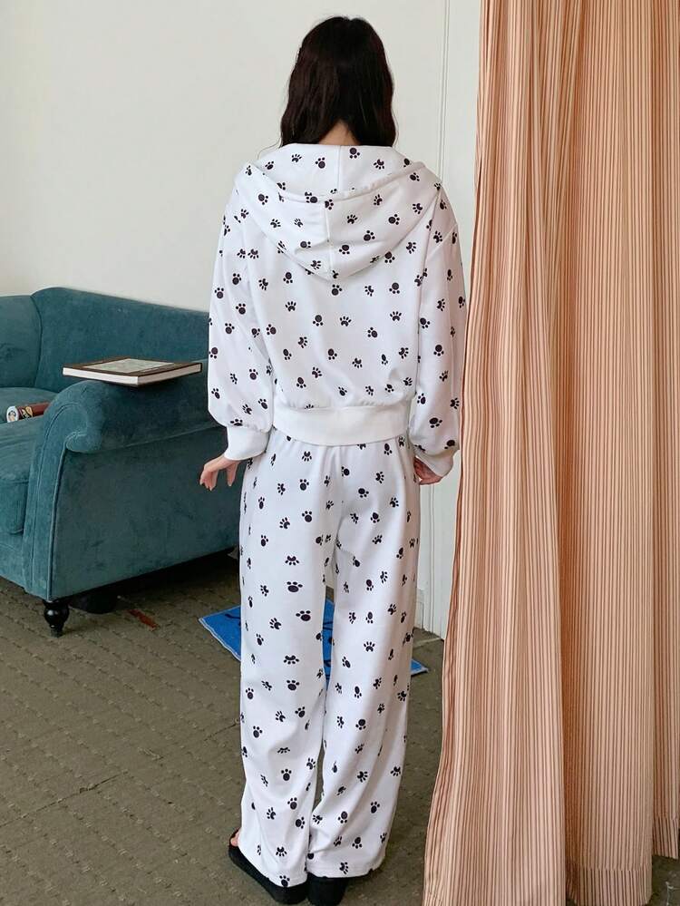 Women's Paw Print Knit Fabric Sweatshirt Pajama Set, Autumn/Winter