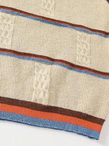 Jersey de punto básico con textura y contraste de color a rayas, jersey grueso de estilo coreano casual para niño y niña, otoño/invierno - Albaricoque - Ver 5