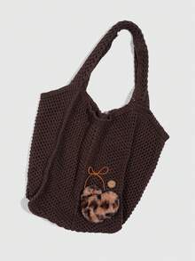 ROMWE Fairycore 1个度假风镂空编织咖啡色女士单肩手提包，大容量，豹纹心形装饰针织包 - 咖色 - 查看 3