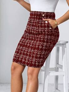 SHEIN Clasi Chân váy da giả thanh lịch có khóa kim loại bỏ túi dành cho nữ, thích hợp để đi làm, mặc thường ngày, mùa hè - Màu Đỏ Sâu - Xem 3