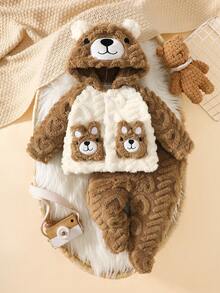 SHEIN 2pcs Newborn Baby & Toddler Cute Cartoon Bear Hooded Outfit, Soft Plush Sweatshirt Set
