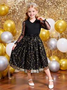 Váy công chúa cổ chữ V tay dài in họa tiết ngôi sao vàng dễ thương, thanh lịch, ngọt ngào, thắt nơ, eo, dành cho bé gái tuổi teen, thích hợp cho Giáng sinh, Halloween, tiệc tùng ngày lễ và mặc hàng ngày, mặc được trong mọi mùa Thu Đông - màu đen - Xem 1