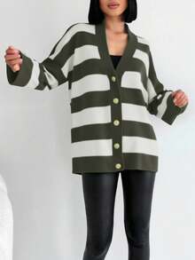 EURMUSE Women's Colorblock Wide Striped Long Sleeve Cardigan - Multicolor - View 3