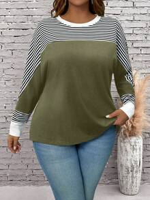 EMERY ROSE Plus Size Women's Casual Loose Striped Batwing Long Sleeve T-Shirt - Army Green - View 6