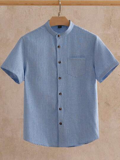 HIMLAND Men's Solid Color Simple Woven Short Sleeve Blue Shirt
