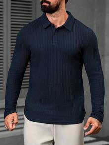 Manfinity Homme Men's Solid Color Ribbed Long Sleeve Polo Shirt,Navy Blue Autumn Casual Hiking Buttoned Knitted Tops - Blue - View 5