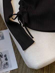 SHEIN 女式长袖上衣，光滑罗纹面料 - 黑色 - 查看 4