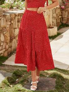 SHEIN VCAY 女式红色碎花荷叶边下摆休闲裙 - 紅色 - 查看 4