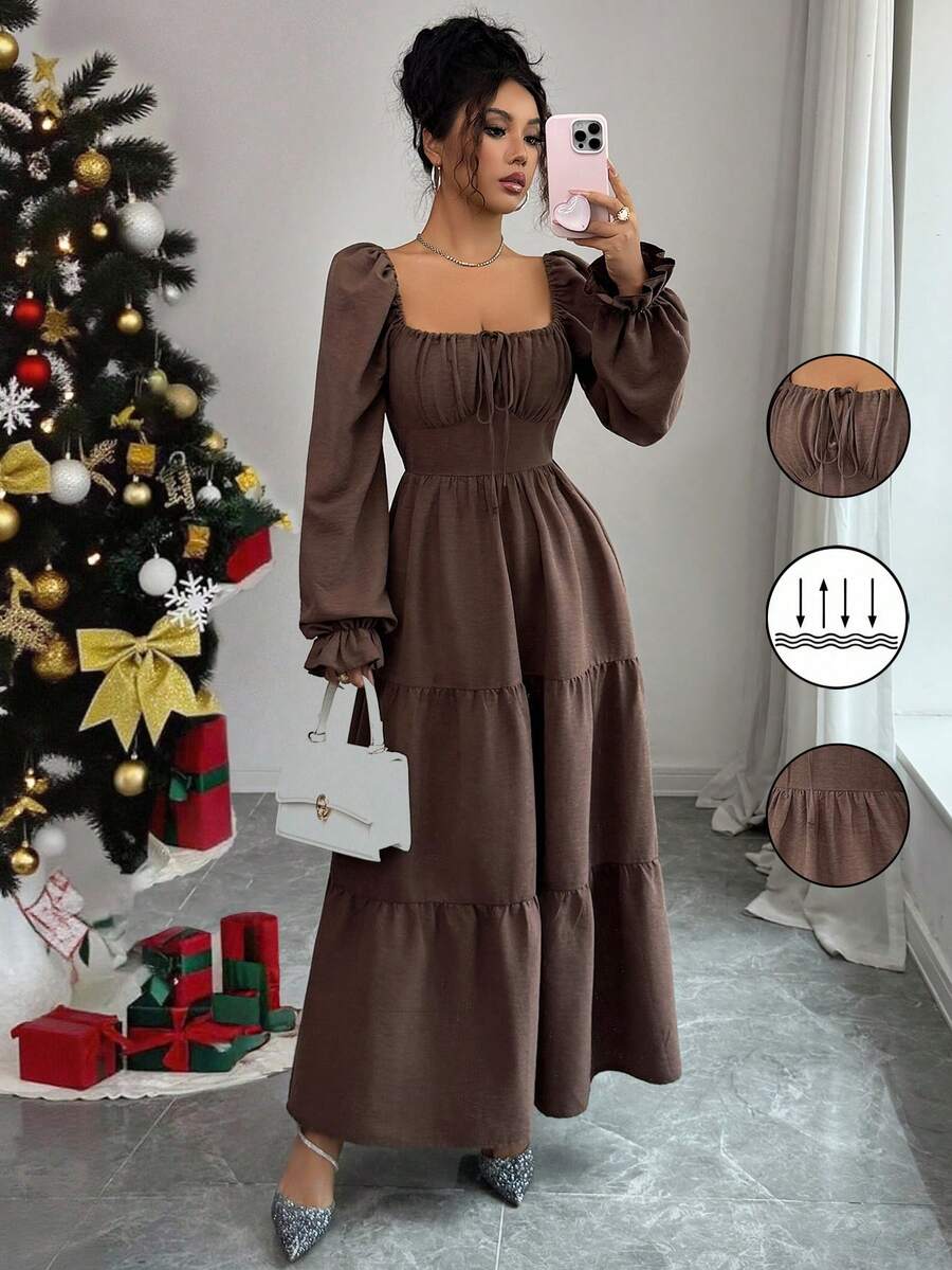 Rafferiza Almamuse 女士优雅休闲方领短款泡泡袖纯色长款吊带连衣裙，适合春秋季日常休闲、度假和婚礼，休闲可爱性感西式服装，完美适合乡村音乐会服装 - 咖啡棕 - 查看 1