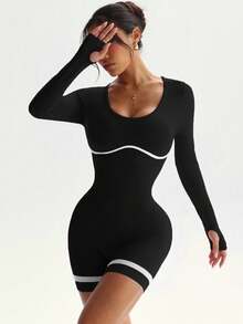 Dewbera 美式性感红色长袖白条纹拼布露背连体裤 - 黑色 - 查看 3