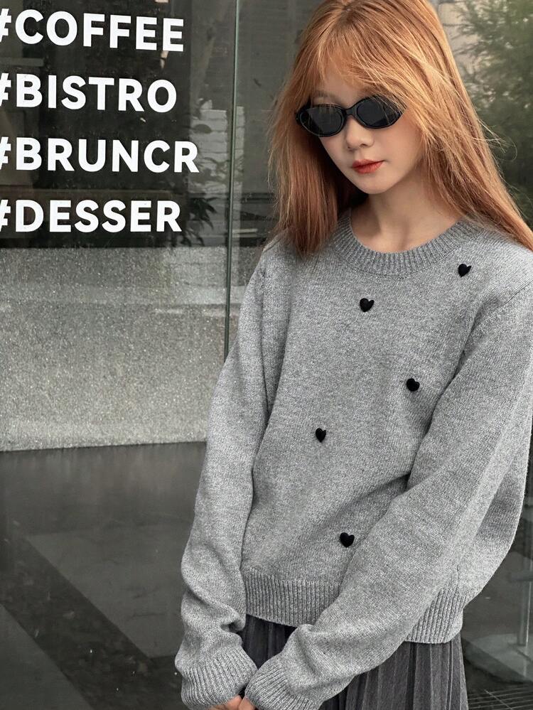 Teenage Girls' Casual Minimalist Heart Pattern Loose Fit Crew Neck Sweater, Autumn/Winter
