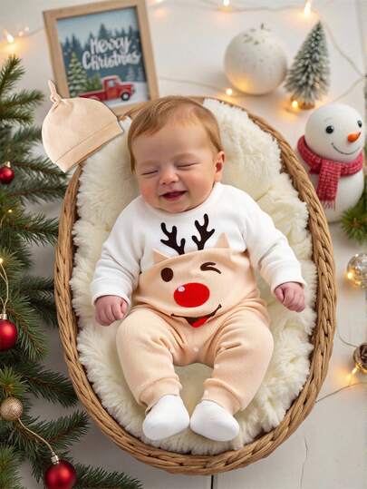 SHEIN 0-9个月新生儿男女宝宝可爱卡其色撞色长袖连体衣，圣诞小鹿刺绣连体衣+帽子套装，休闲、舒适、时尚、简约、实用、多功能、柔软面料，适合秋冬季、圣诞节及日常穿着。