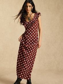 Easelle Vintage Women's Lace Trim, Polka Dot, Printed Long Dress Backless Ruffle  Long Summer Dress For Women  Party - Brown - View 6