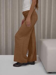 MUSERA Calça de Perna Larga com Cintura Dobrada, Elegante, Fofa, Sexy, Streetwear, Outono, Noite, Festa, Elegante, Natal - Chocolate - Visão 4