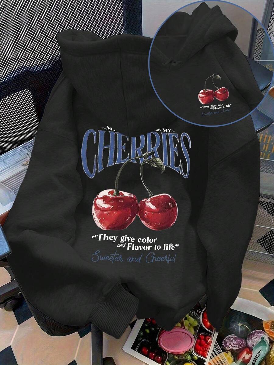 Flirla Áo sweatshirt dài tay dáng rộng vai rớt in chữ và quả anh đào dành cho nữ, chất liệu vải mùa thu. - màu đen - Xem 1