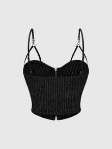 ROMWE Goth 哥德式朋克條紋PU皮革拼接開衩女士背心上衣 - 黑色 - 查看 2