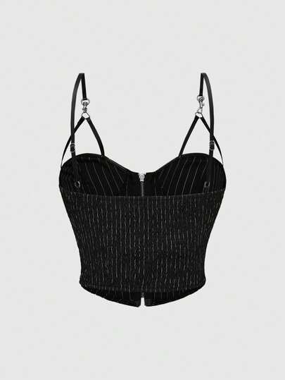 Goth Haut cami pour femmes devant ouvert, en PU avec rayures gothiques punk