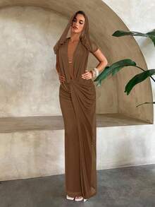 Aloruh Robe maille tricotée sans manches, décolleté plongeant sexy avec col drapé profond, couleur marron café