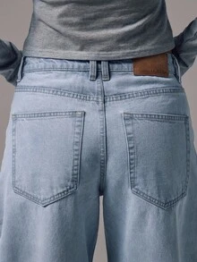 MUSERA Mid Waist Baggy Fit Light Blue Wash Silver Button Detail Denim Jeans Mid Rise Casual Winter Night Out Back To School Office Work Date Night Core Denim Chic Spring Summer - Baby Blue - View 6