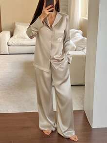 DAZY Set Piyama Wanita Motif Satin Dekoratif, Pakaian Musim Dingin - Khaki - View 6