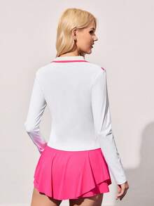 CourtClass CourtClass 女式拼色心形印花长袖 Polo 领修身休闲运动网球 Polo 衫，适合所有季节 - 白色 - 查看 4