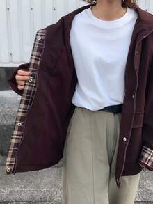 FRIFUL 女士撞色格纹翻领落肩长袖口袋拉链袖口翻边宽松休闲百搭常规外套，秋冬女式外套 - 中紫紅色 - 查看 3