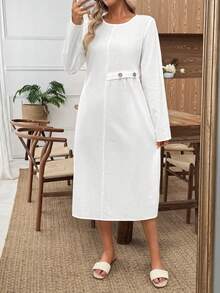 EMERY ROSE 女式纯色圆领长袖侧扣设计休闲中长连衣裙 - 白色 - 查看 3