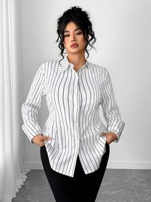 Elenzga Camisa a rayas elegante, casual y versátil para mujer de talla grande, adecuada para primavera y otoño - Blanco - Ver 5
