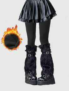 ROMWE Goth 1 Pair Of Velvet Warm Black Pantyhose + 1 Pair Of Black Plush Socks, Y2K Style Solid Color Bottom Socks, Socks Cover Stacking Combination Set, Elastic Versatile And Tight Combination Set - Multicolor - View 1