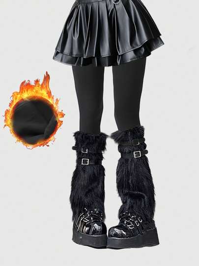 Goth 1 Paar samtweiche schwarze Strumpfhose + 1 Paar schwarze flauschige Socken, Y2K-Stil einfarbige Socken, Socken-Kombinations-Set zum Übereinandertragen, elastisch vielseitig und eng kombiniert