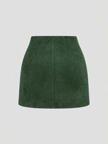 Sweetra Gonna corta in finta pelle scamosciata con pieghe asimmetriche e chiusura lampo decorativa, stile minimalista da pendolare, adatta per autunno/inverno - Verde Scuro - Visualizzare 2