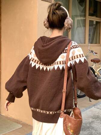 FRIFUL Women's Geometric Pattern Long Sleeve Hooded Cardigan With Drawstring And Horn Buttons, Autumn/Winter,New Year,Christmas